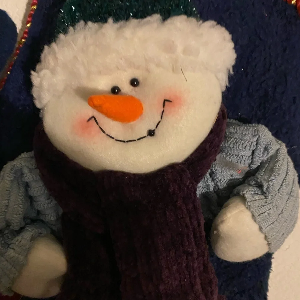 2 Christmas Plush 3D Patchwork Holiday Stockings Snowman and Reindeer 18”x 10”
